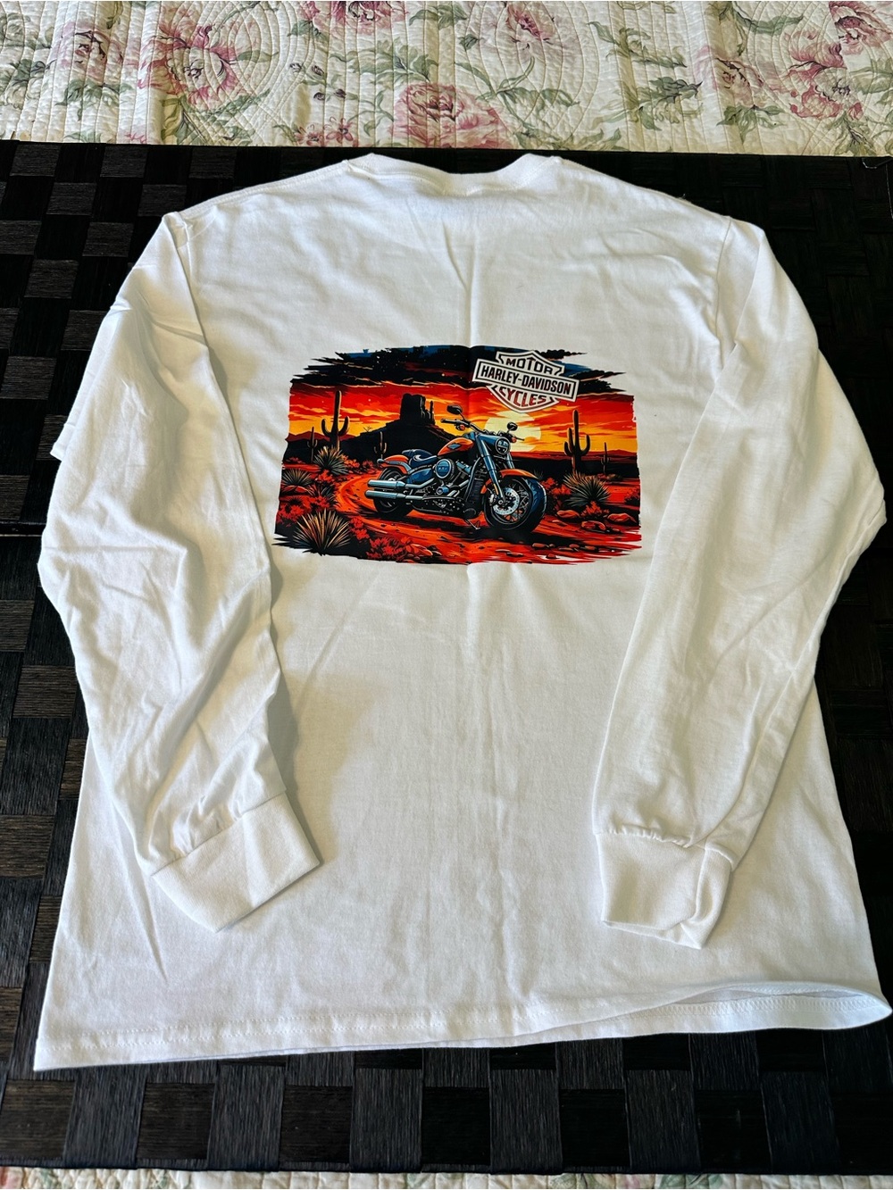 Custom Made White Long Sleeve Tee with a Bright Harley Image on Back